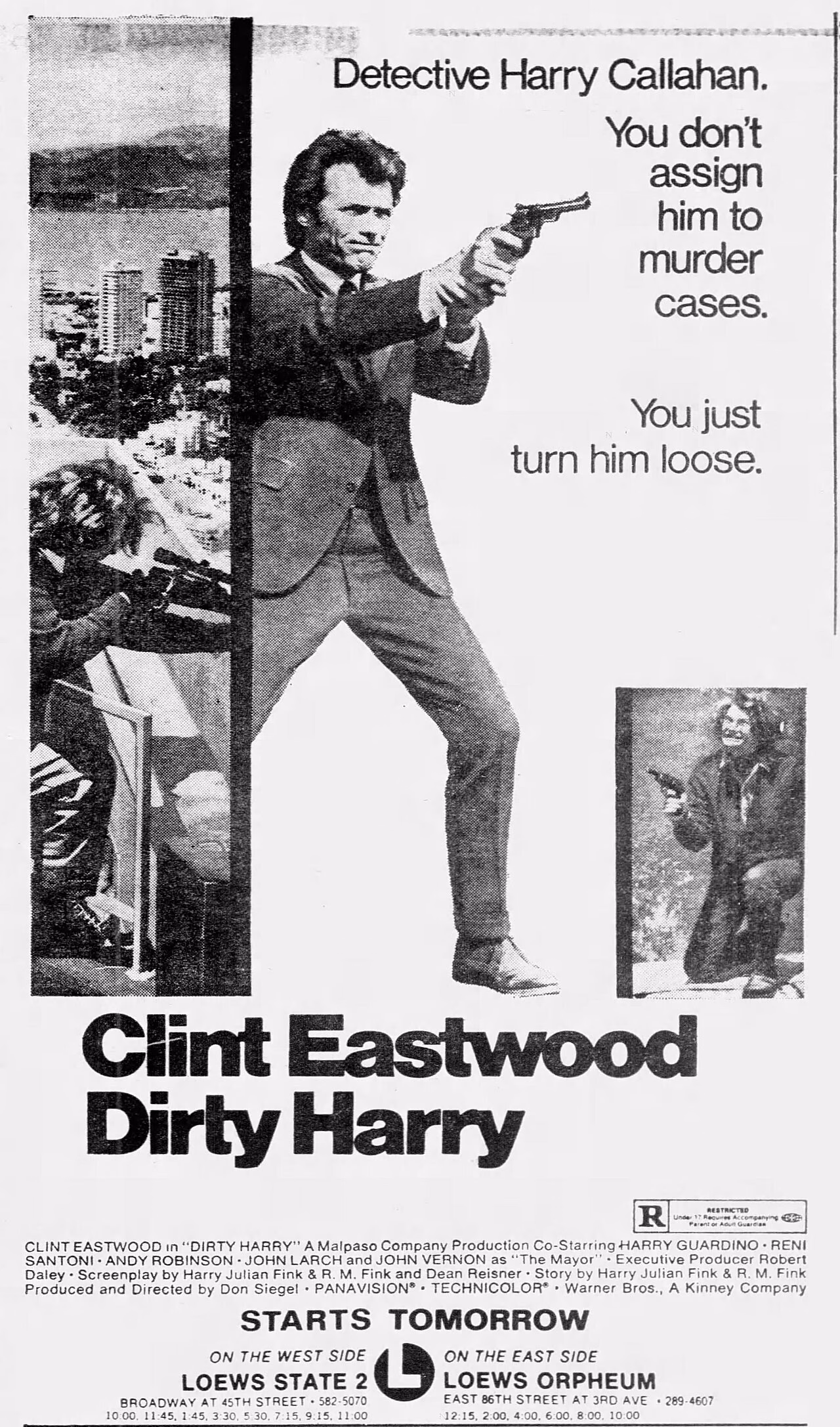 Schwarzweiße Kinoanzeige für Dirty Harry mit Eastwood und großem Filmtitel
